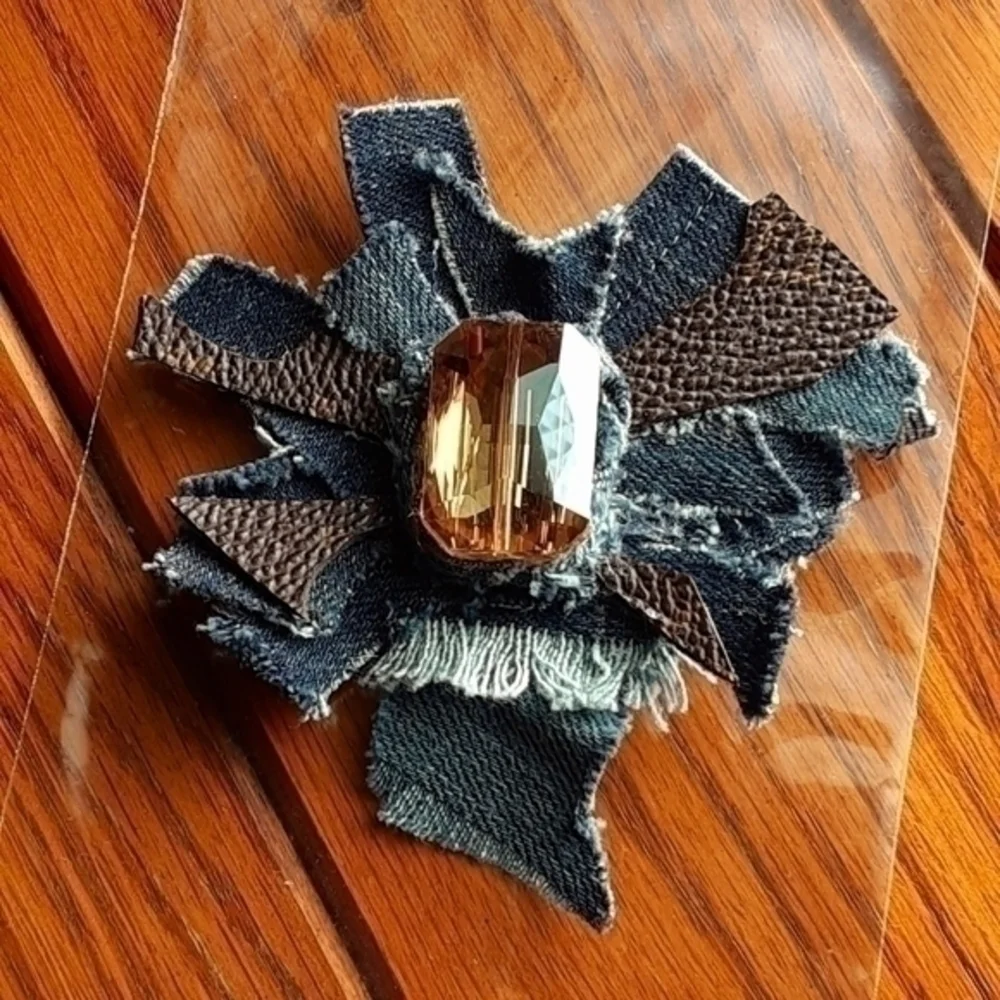 Tasty Raw Edge Denim Coco Gem Badge Brooch